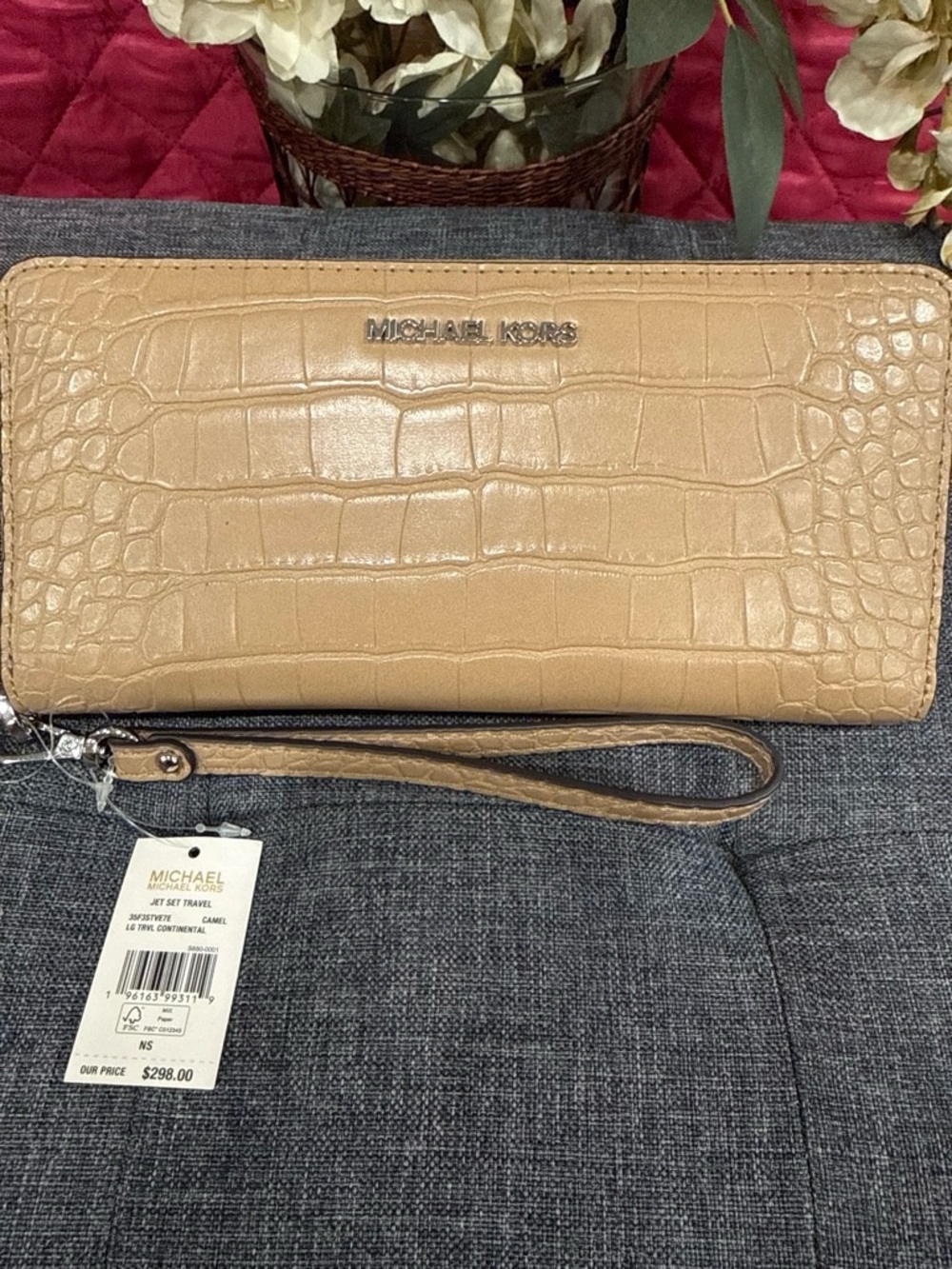 Michael Kors Women's Camel Croc-Embossed Zip Wristlet
